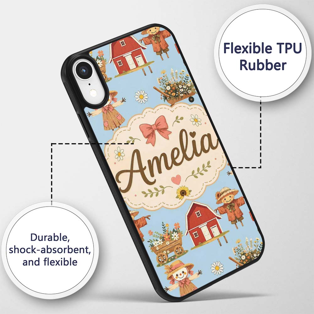 Cute Autumn Farm Barn Scarecrow Sunflower Floral Custom Name Protective Phone Case Mobile Cover Durable Everyday Smartphone Shock Resistant