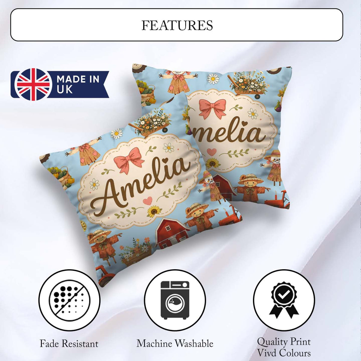 Custom Name Cute Autumn Farm Barn Scarecrow Floral Blue Seamless Square Filled Cushion Throw Pillow Sofa Bed Home Decor Zip Washable UK Made