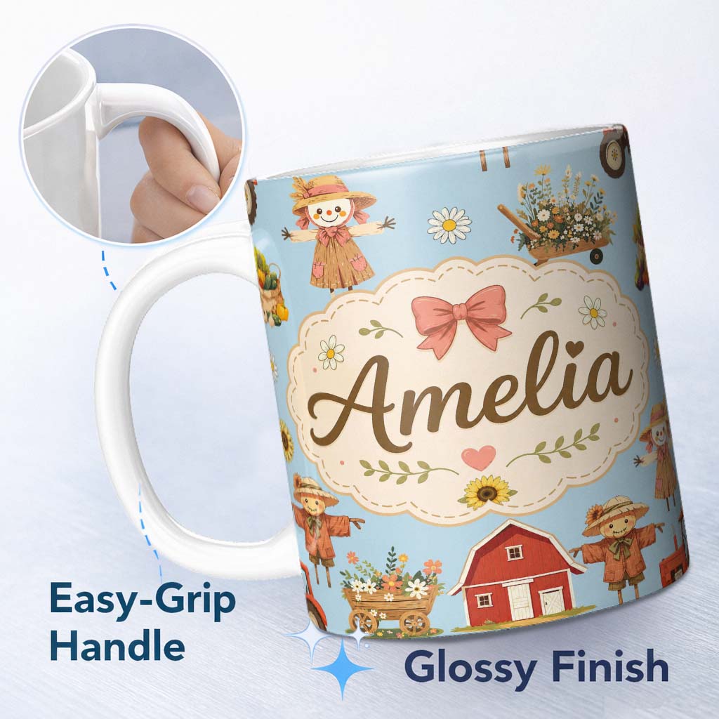 Personalized Custom Name Cute Autumn Farm Barn Scarecrow Sunflower Floral Blue Seamless 11oz Ceramic Coffee Tea Mug White Large Handle