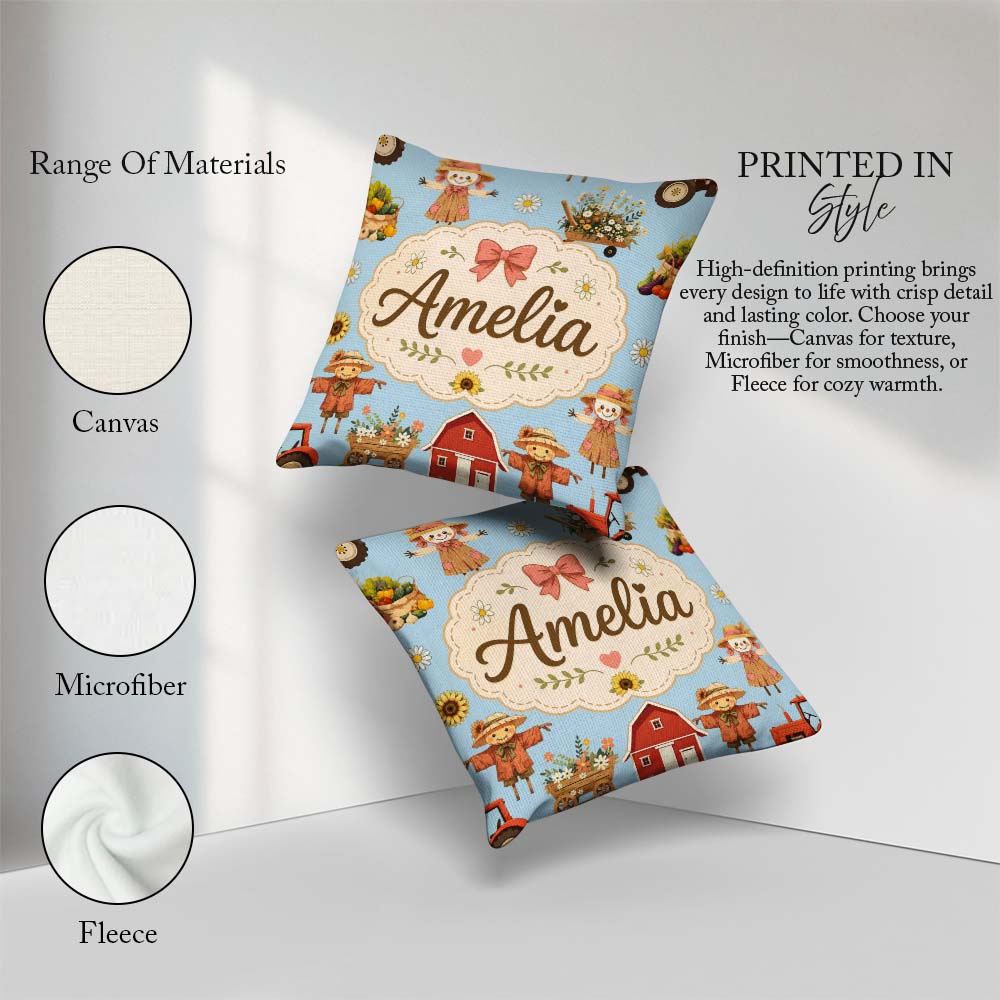 Custom Name Cute Autumn Farm Barn Scarecrow Floral Blue Seamless Square Filled Cushion Throw Pillow Sofa Bed Home Decor Zip Washable UK Made