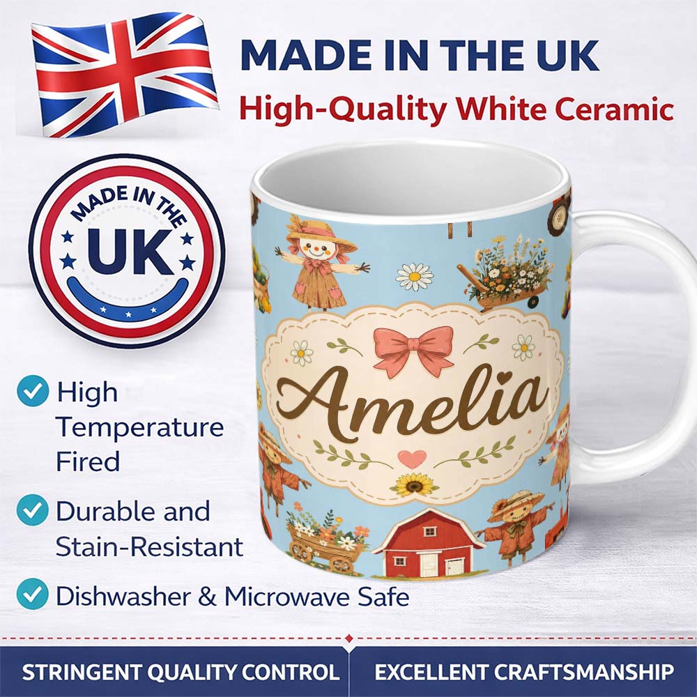 Personalized Custom Name Cute Autumn Farm Barn Scarecrow Sunflower Floral Blue Seamless 11oz Ceramic Coffee Tea Mug White Large Handle