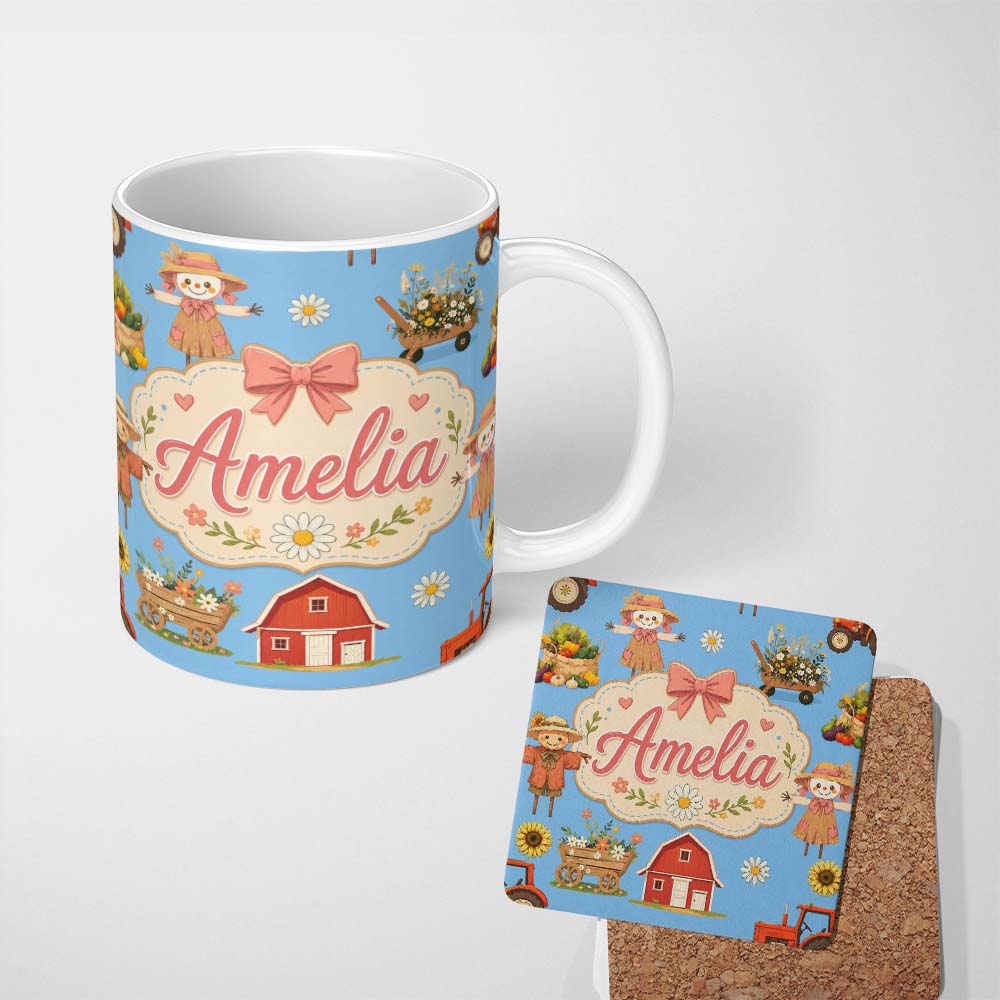 Personalized Custom Name Cute Autumn Farm Barn Scarecrow Sunflower Floral Sky Seamless 11oz Ceramic Coffee Tea Mug White Large Handle