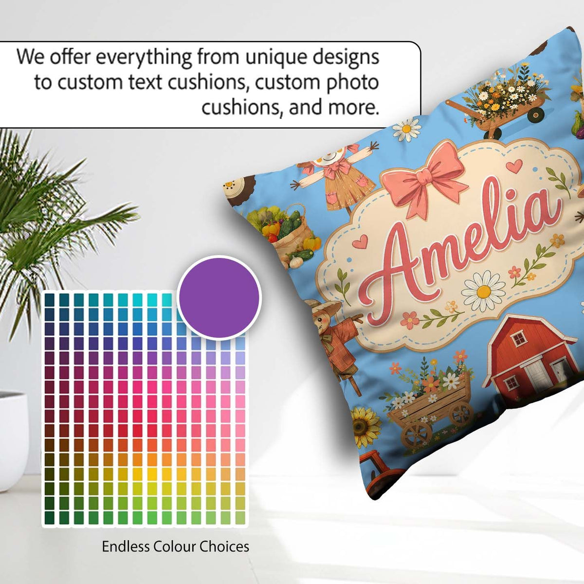 Custom Name Cute Autumn Farm Barn Scarecrow Sunflower Floral Sky Square Filled Cushion Throw Pillow Sofa Bed Home Decor Zip Washable UK Made