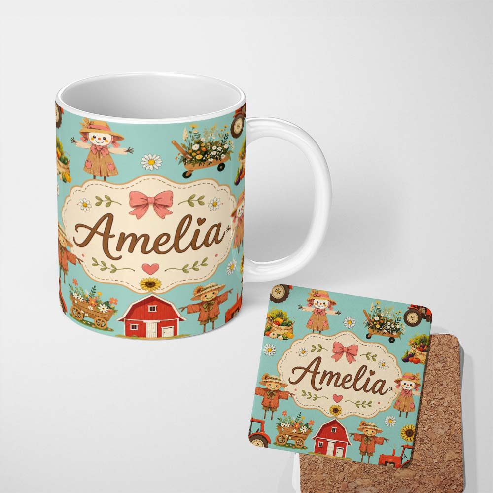 Personalized Custom Name Cute Autumn Farm Barn Scarecrow Sunflower Floral Teal Seamless 11oz Ceramic Coffee Tea Mug White Large Handle