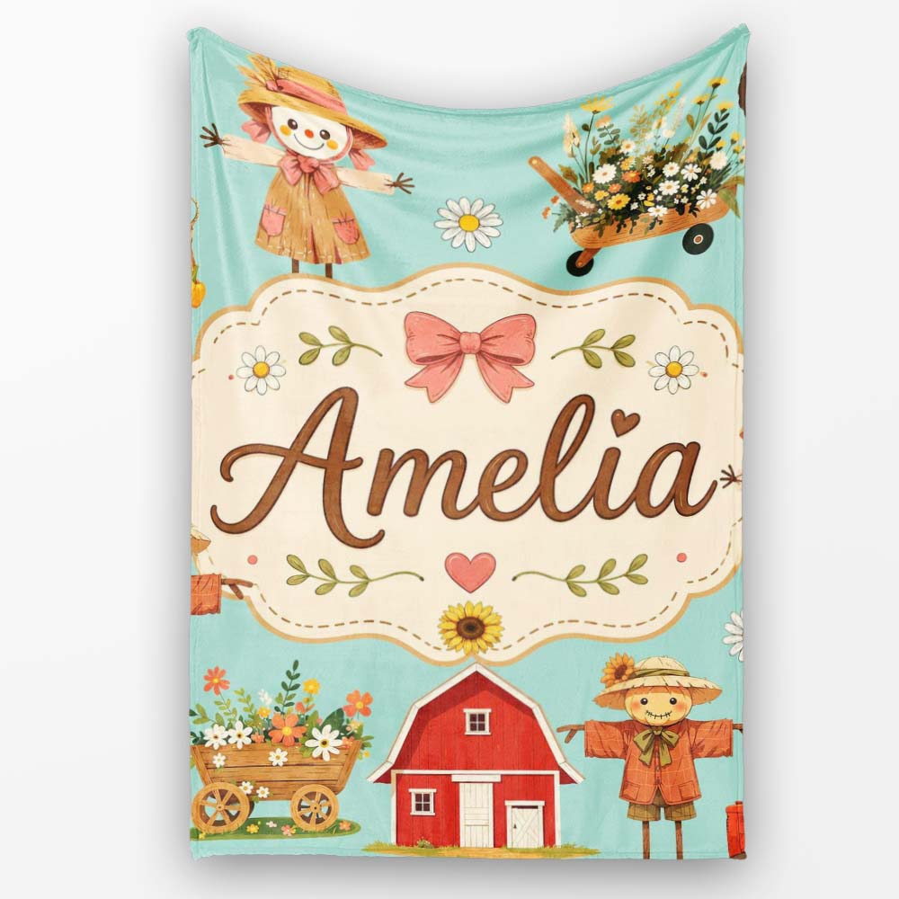 Cute Autumn Farm Barn Scarecrow Sunflower Floral Teal Seamless Personalised Custom Name Super Soft Fleece Blanket Bed Sofa Throw