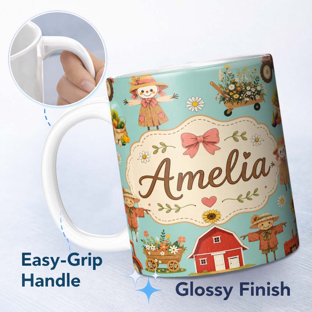 Personalized Custom Name Cute Autumn Farm Barn Scarecrow Sunflower Floral Teal Seamless 11oz Ceramic Coffee Tea Mug White Large Handle
