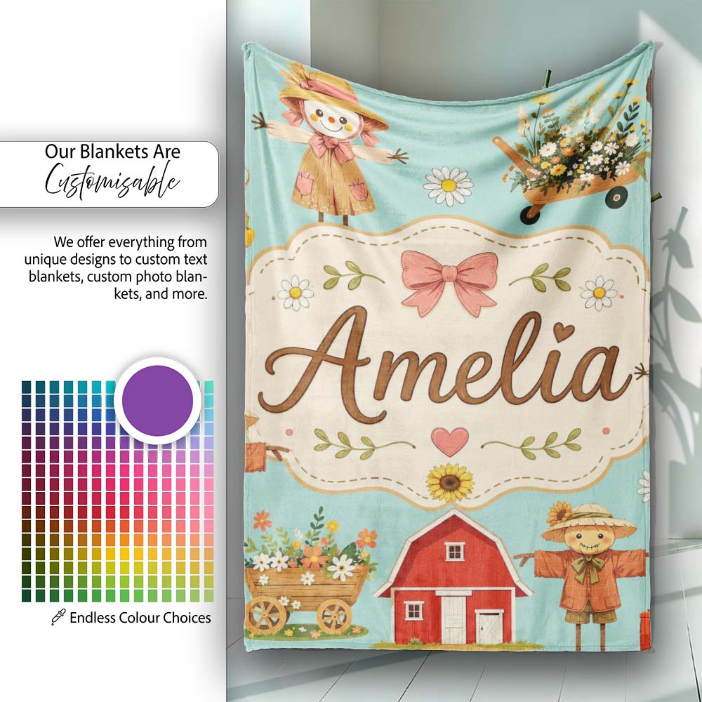Cute Autumn Farm Barn Scarecrow Sunflower Floral Teal Seamless Personalised Custom Name Super Soft Fleece Blanket Bed Sofa Throw