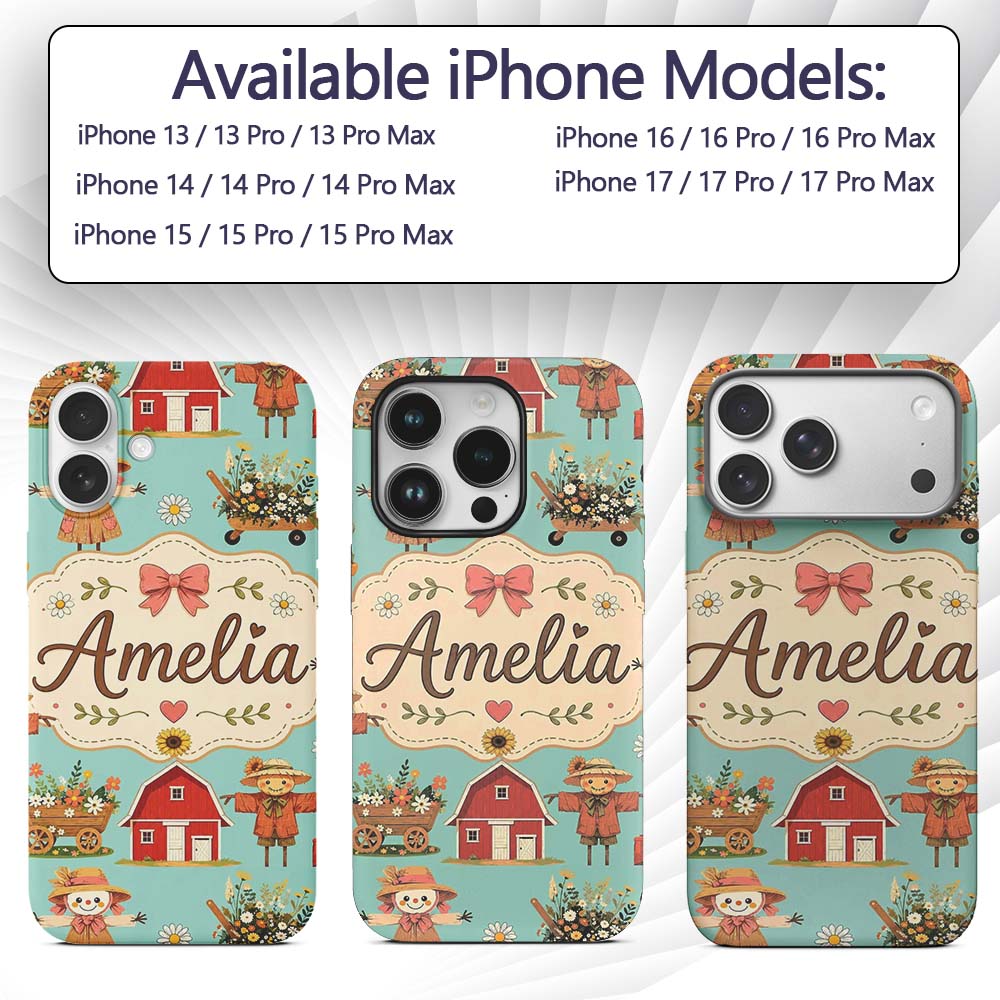 Cute Autumn Farm Barn Scarecrow Sunflower Floral Custom Name Protective Phone Case Mobile Cover Durable Everyday Smartphone Shock Resistant