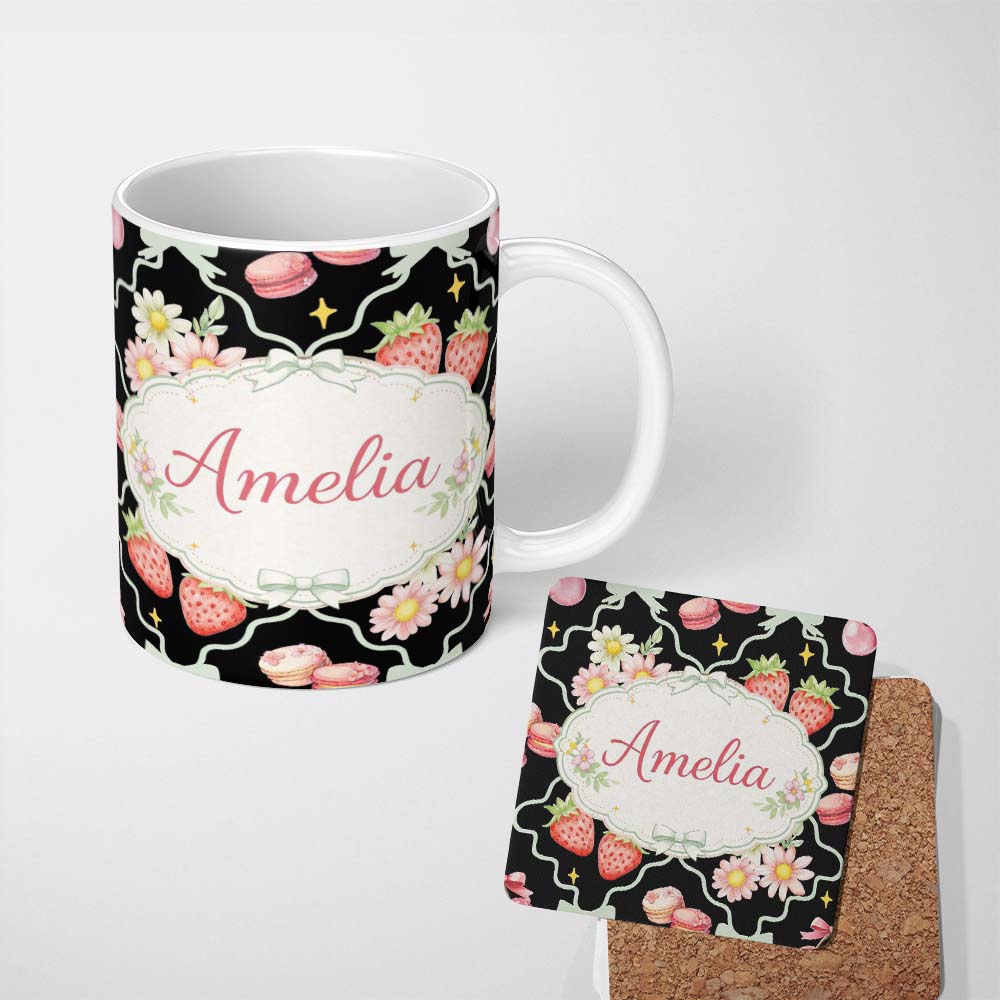 Personalized Custom Name Strawberry Cherry Daisy White Pastel Outline Cute Coquette Floral 11oz Ceramic Coffee Tea Mug White Large Handle