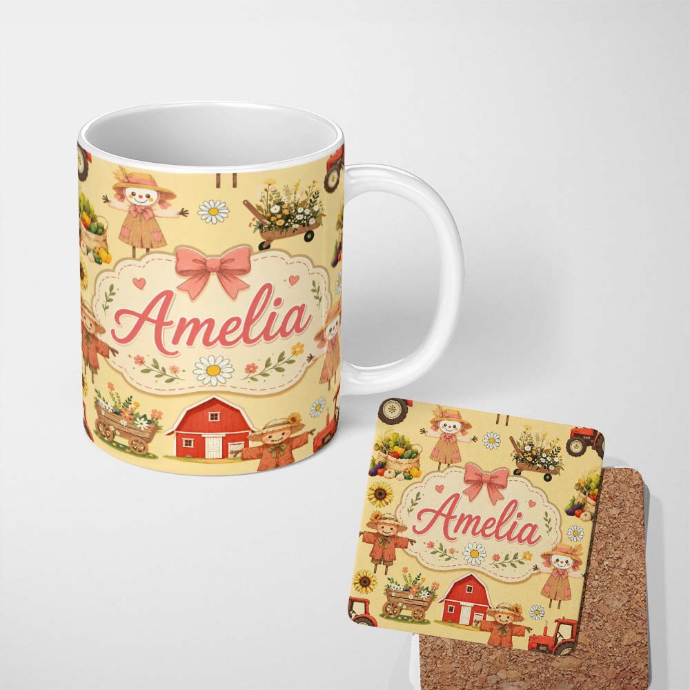 Personalized Custom Name Cute Autumn Farm Barn Scarecrow Sunflower Floral Yellow Seamless 11oz Ceramic Coffee Tea Mug White Large Handle