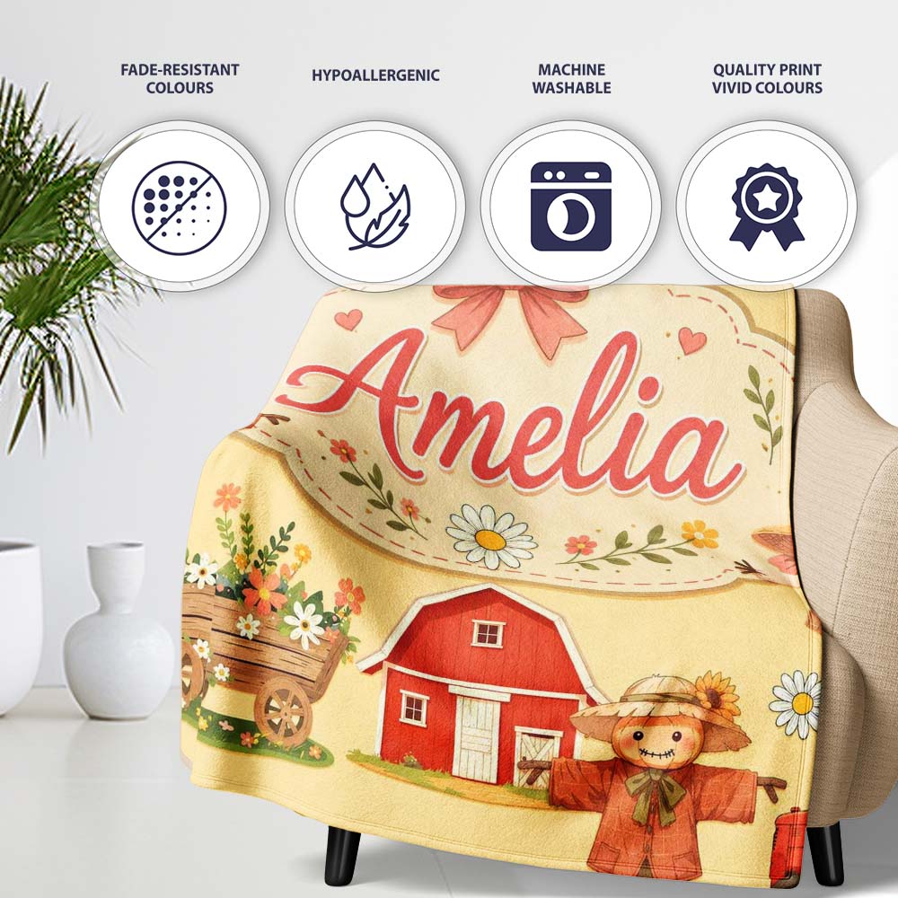 Cute Autumn Farm Barn Scarecrow Sunflower Floral Yellow Seamless Personalised Custom Name Super Soft Fleece Blanket Bed Sofa Throw
