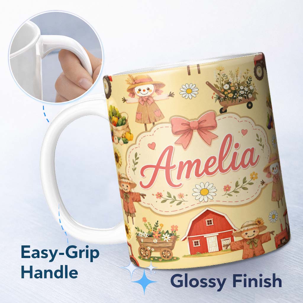 Personalized Custom Name Cute Autumn Farm Barn Scarecrow Sunflower Floral Yellow Seamless 11oz Ceramic Coffee Tea Mug White Large Handle