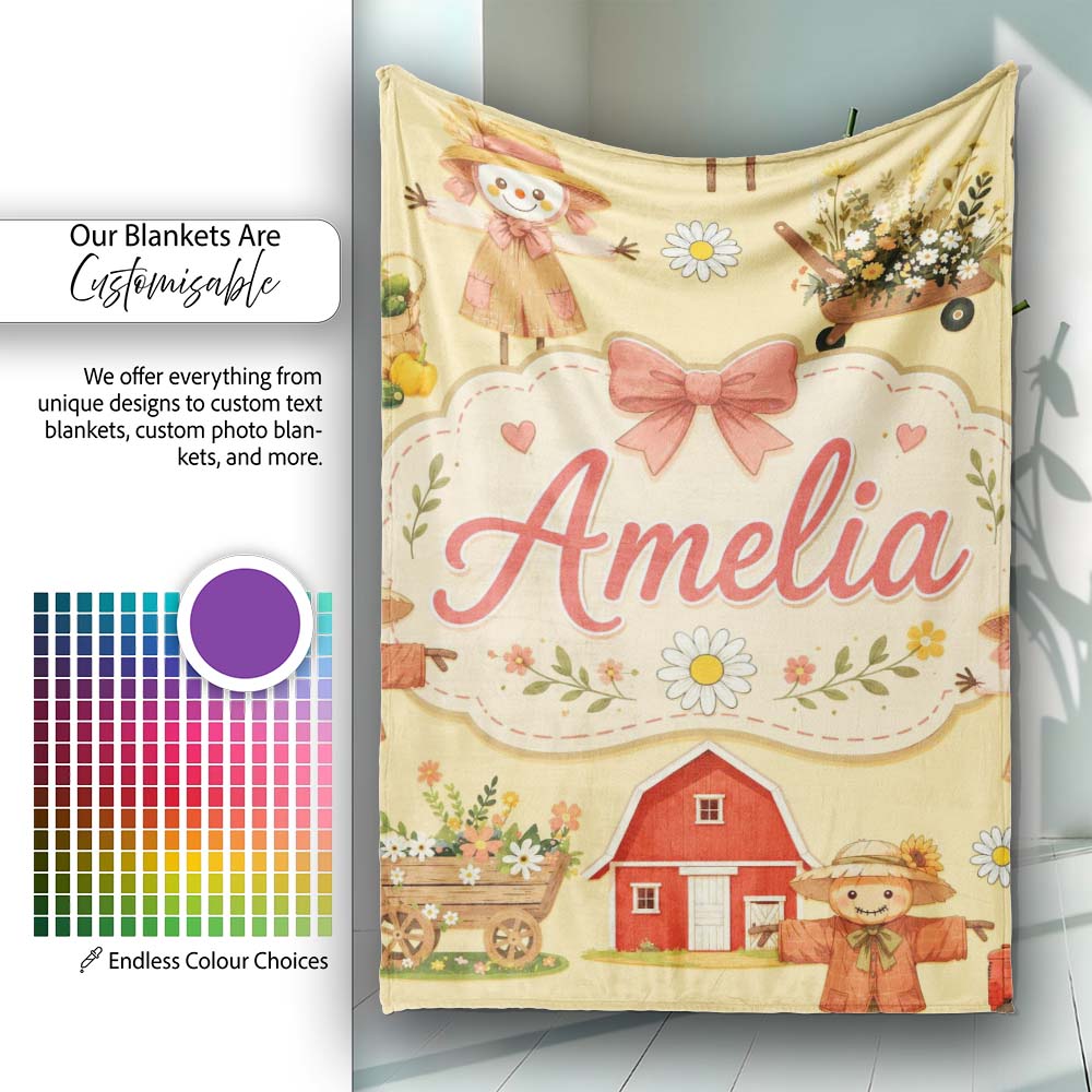 Cute Autumn Farm Barn Scarecrow Sunflower Floral Yellow Seamless Personalised Custom Name Super Soft Fleece Blanket Bed Sofa Throw