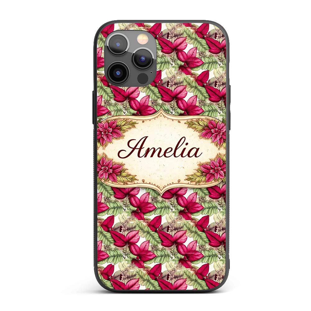 Bold Red Green Tropical Leaves Seamless Pattern Custom Name Protective Phone Case Mobile Cover Durable Everyday Smartphone Shock Resistant