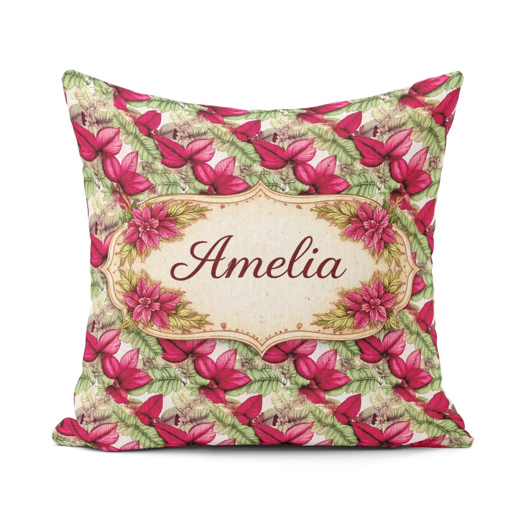 Custom Name Bold Red Green Tropical Leaves Seamless Pattern Cup Square Filled Cushion Throw Pillow Sofa Bed Home Decor Zip Washable UK Made