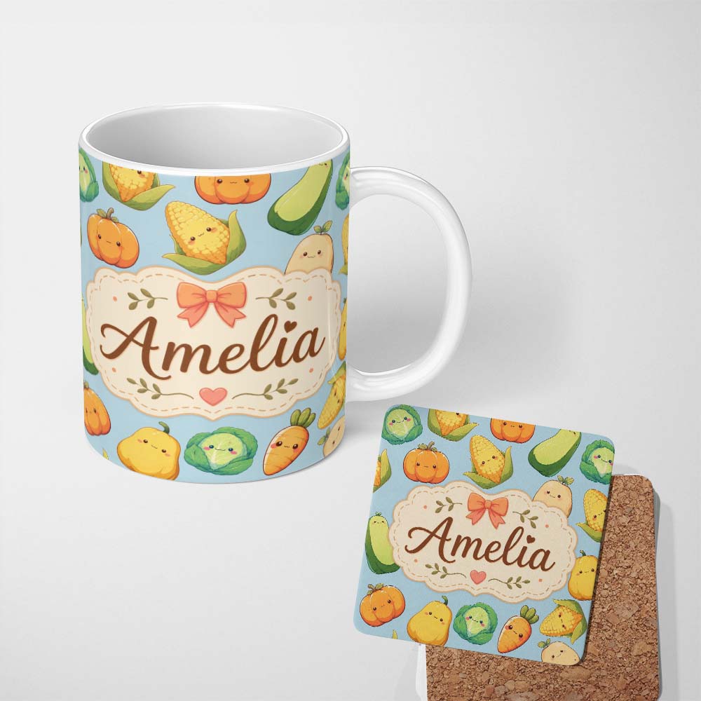Personalized Custom Name Cute Kawaii Autumn Vegetables Corn Pumpkin Carrot Blue Seamless 11oz Ceramic Coffee Tea Mug White Large Handle