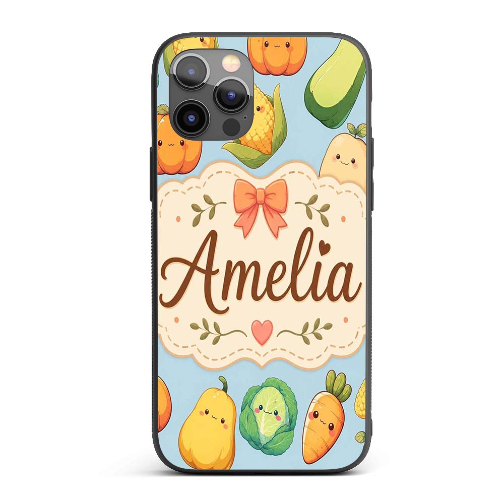 Cute Kawaii Autumn Vegetables Corn Pumpkin Carrot Custom Name Protective Phone Case Mobile Cover Durable Everyday Smartphone Shock Resistant