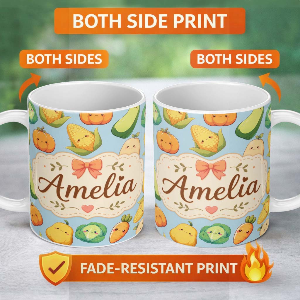 Personalized Custom Name Cute Kawaii Autumn Vegetables Corn Pumpkin Carrot Blue Seamless 11oz Ceramic Coffee Tea Mug White Large Handle