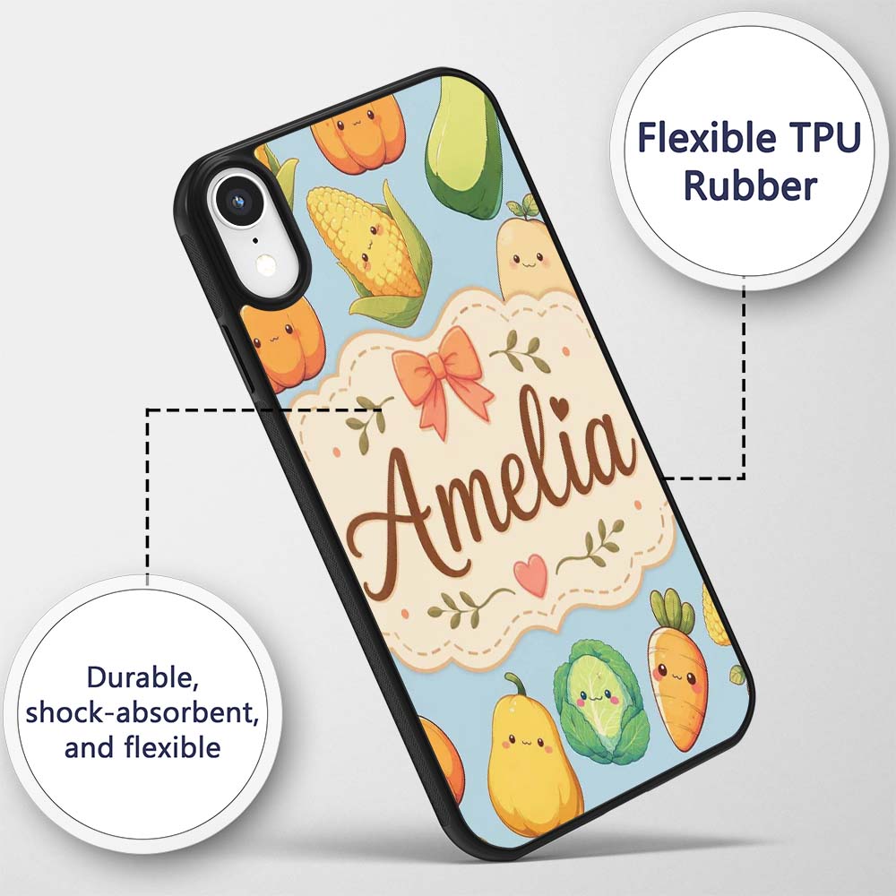 Cute Kawaii Autumn Vegetables Corn Pumpkin Carrot Custom Name Protective Phone Case Mobile Cover Durable Everyday Smartphone Shock Resistant