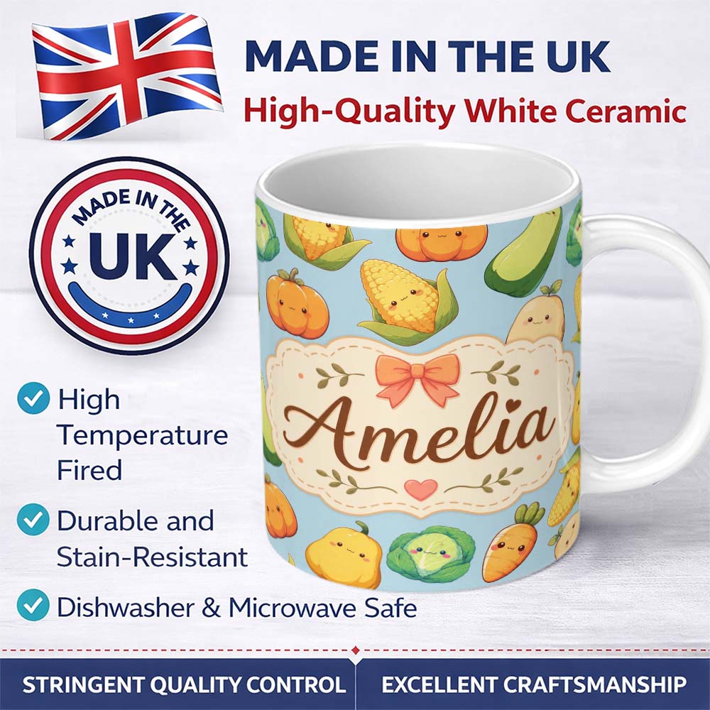 Personalized Custom Name Cute Kawaii Autumn Vegetables Corn Pumpkin Carrot Blue Seamless 11oz Ceramic Coffee Tea Mug White Large Handle