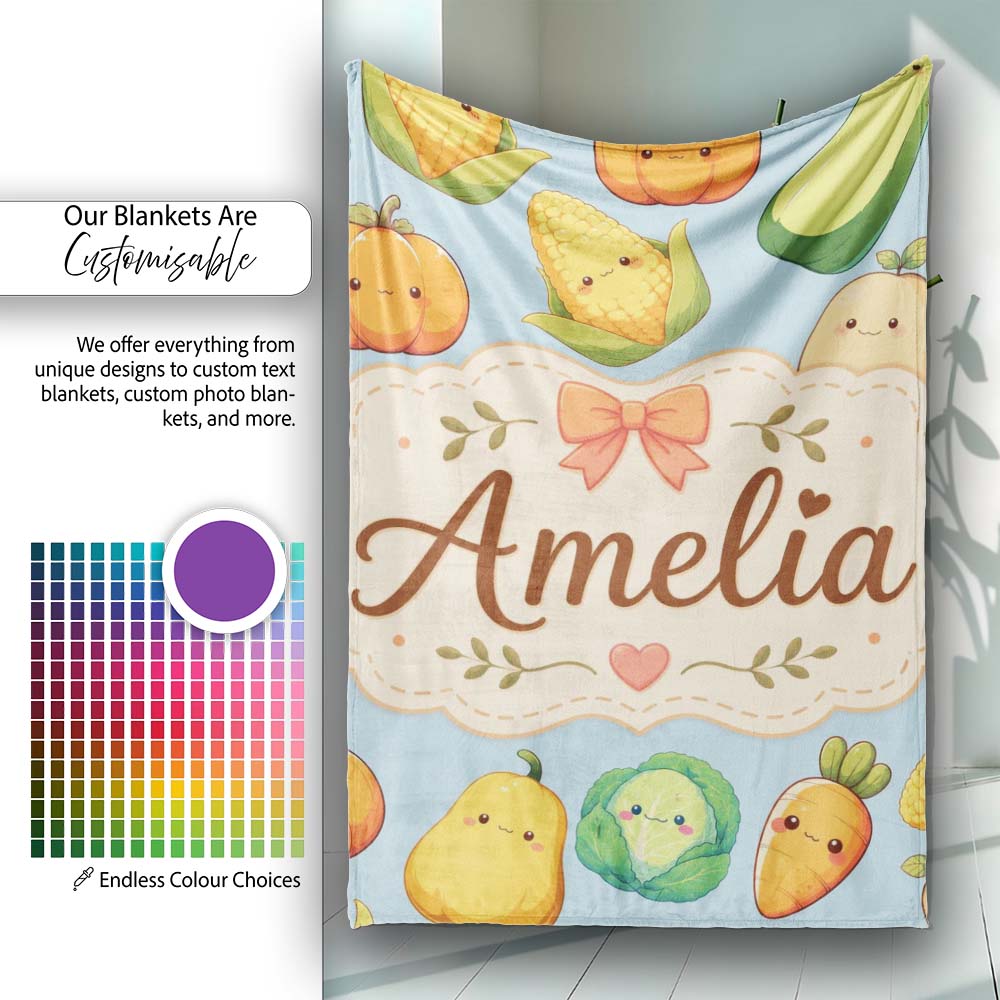 Cute Kawaii Autumn Vegetables Corn Pumpkin Carrot Blue Seamless Personalised Custom Name Super Soft Fleece Blanket Bed Sofa Throw