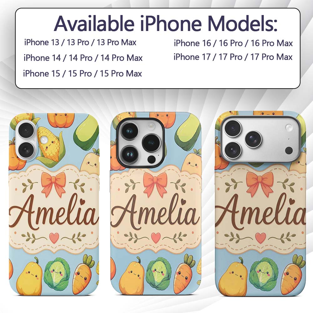 Cute Kawaii Autumn Vegetables Corn Pumpkin Carrot Custom Name Protective Phone Case Mobile Cover Durable Everyday Smartphone Shock Resistant