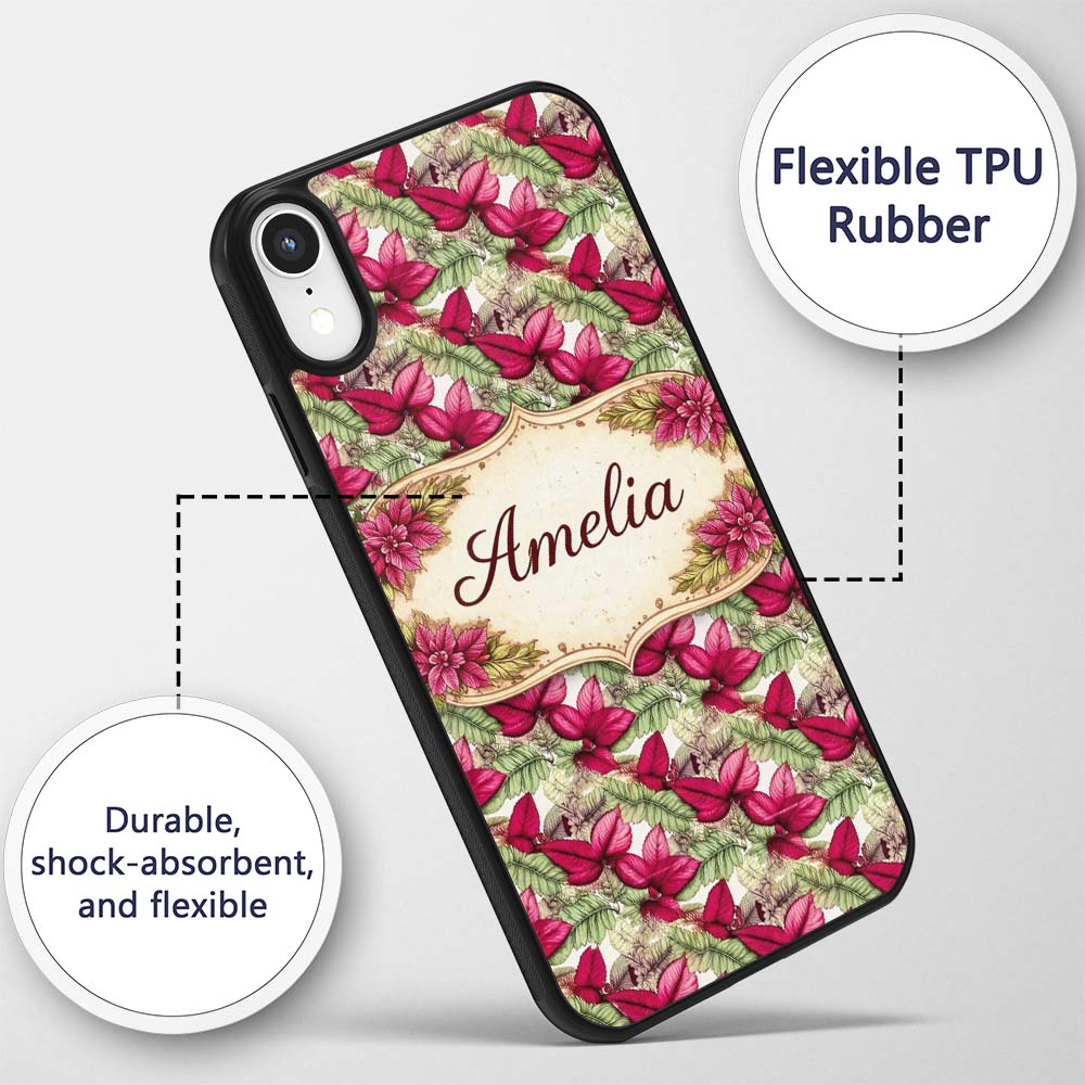 Bold Red Green Tropical Leaves Seamless Pattern Custom Name Protective Phone Case Mobile Cover Durable Everyday Smartphone Shock Resistant