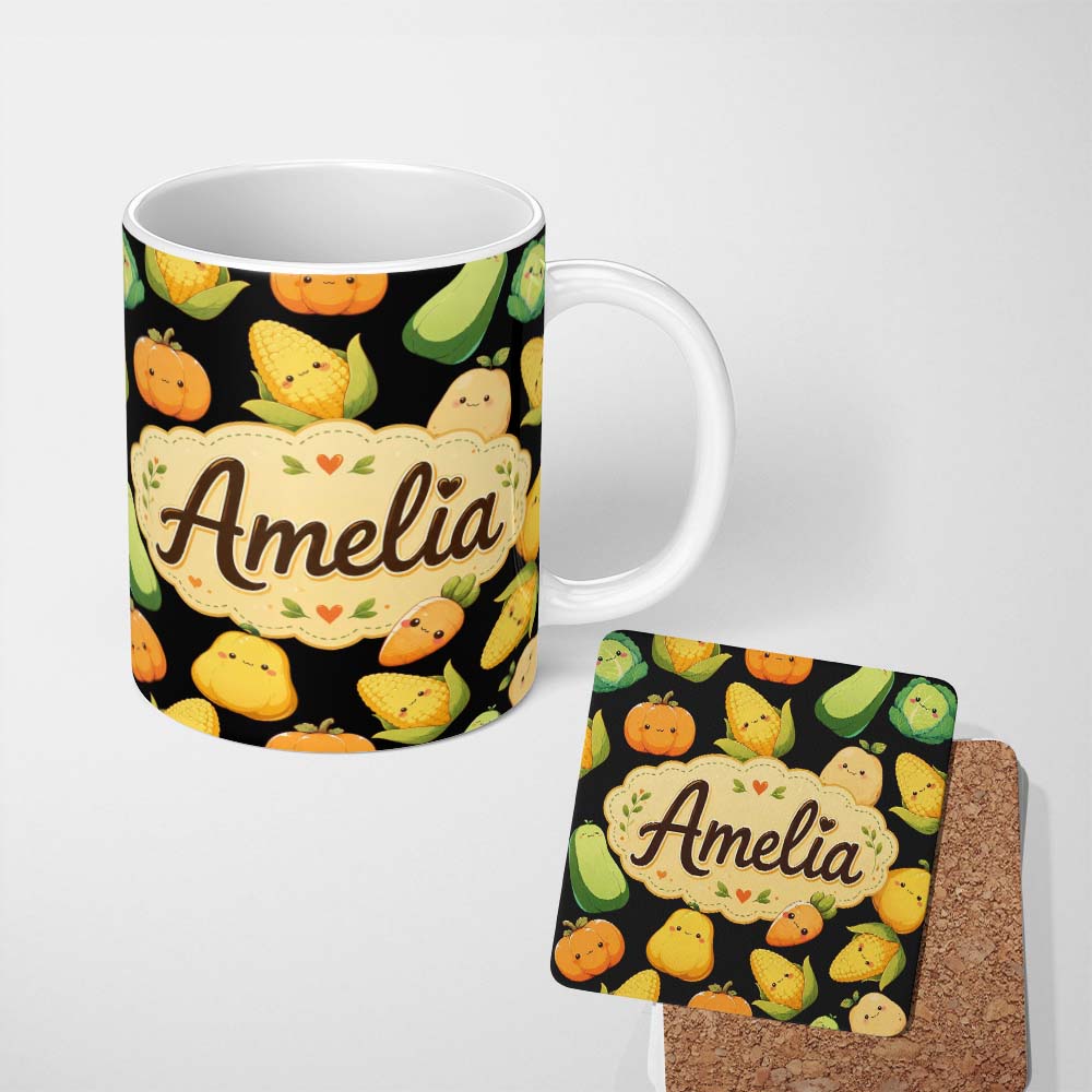 Personalized Custom Name Cute Kawaii Autumn Vegetables Corn Pumpkin Carrot Black Seamless 11oz Ceramic Coffee Tea Mug White Large Handle