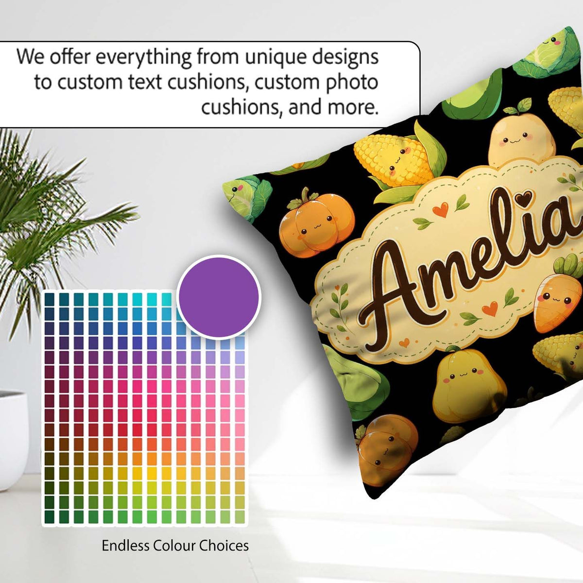 Custom Name Kawaii Autumn Vegetables Corn Pumpkin Black Seamless Square Filled Cushion Throw Pillow Sofa Bed Home Decor Zip Washable UK Made