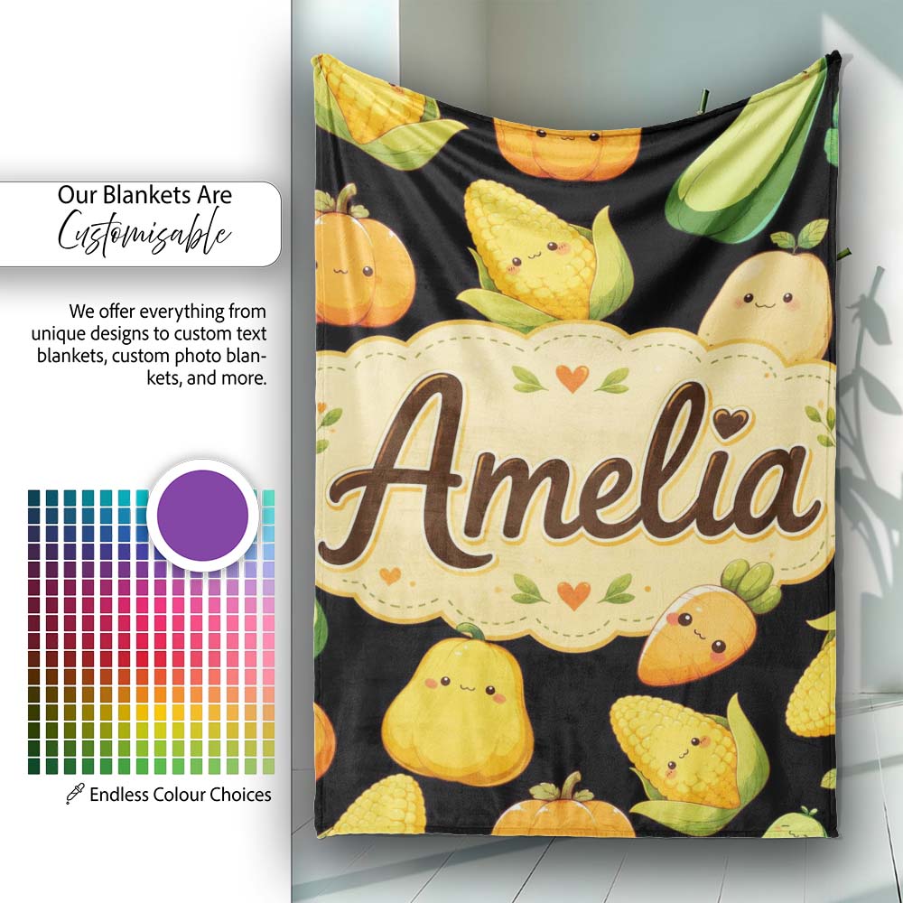 Cute Kawaii Autumn Vegetables Corn Pumpkin Carrot Black Seamless Personalised Custom Name Super Soft Fleece Blanket Bed Sofa Throw