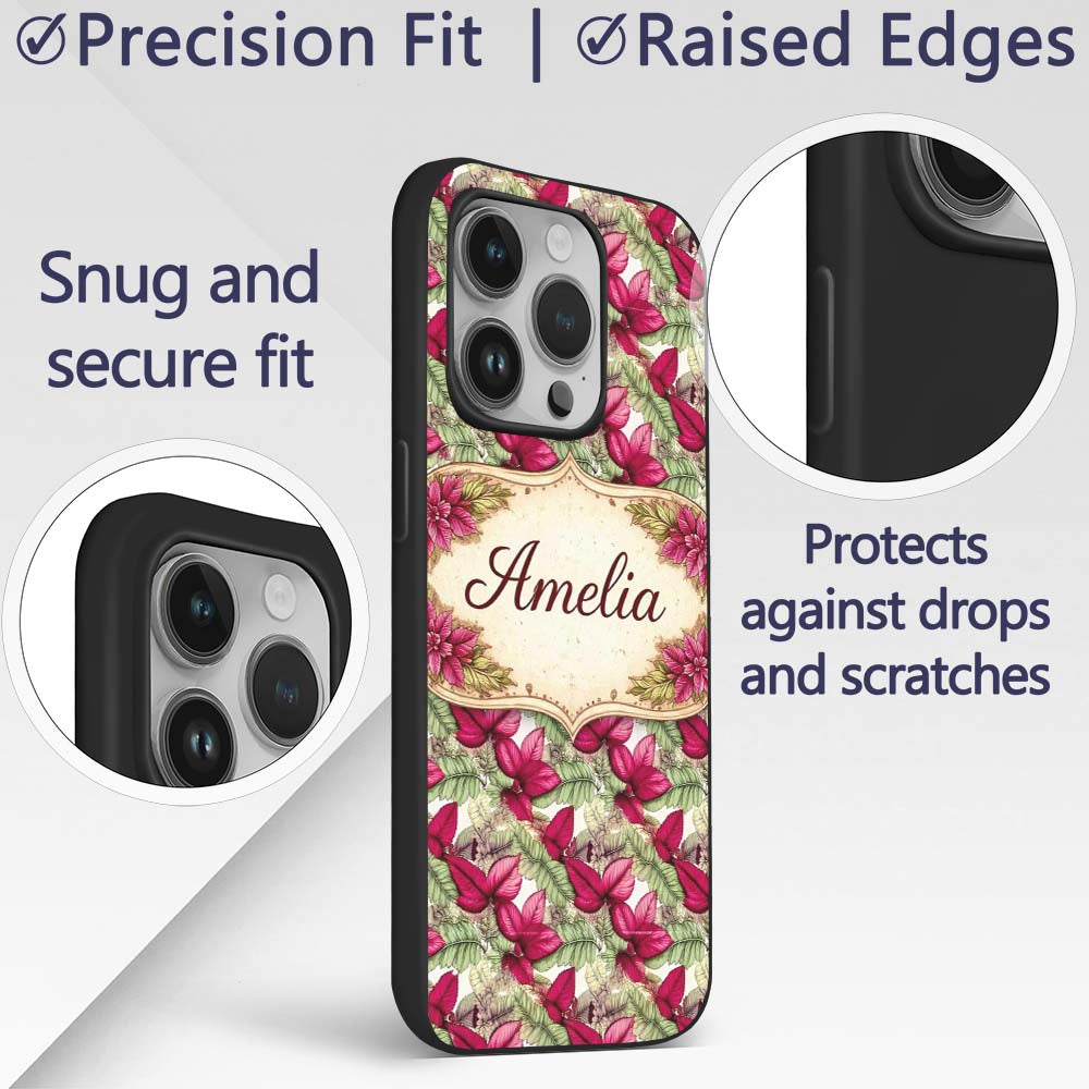 Bold Red Green Tropical Leaves Seamless Pattern Custom Name Protective Phone Case Mobile Cover Durable Everyday Smartphone Shock Resistant