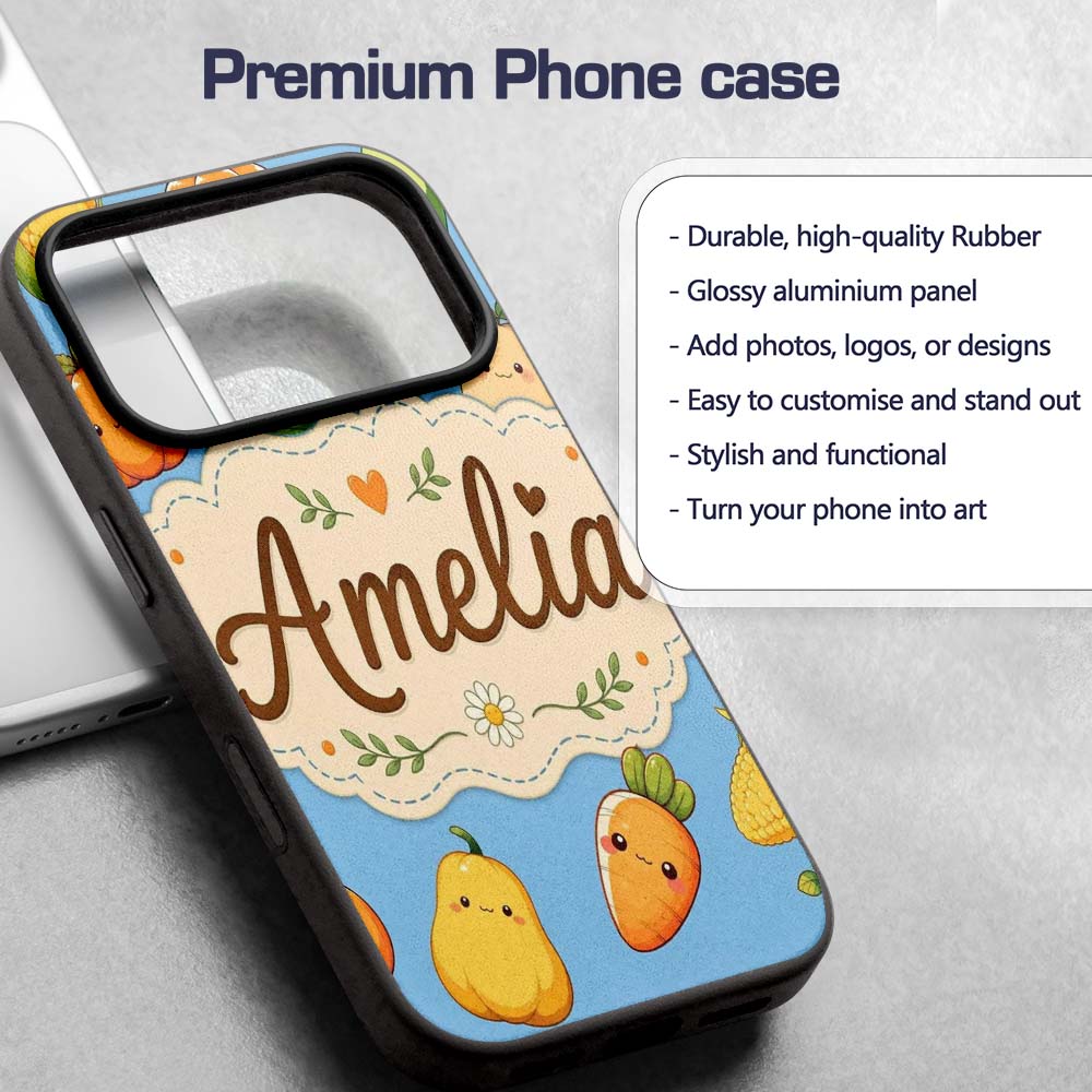 Cute Kawaii Autumn Vegetables Corn Pumpkin Carrot Custom Name Protective Phone Case Mobile Cover Durable Everyday Smartphone Shock Resistant