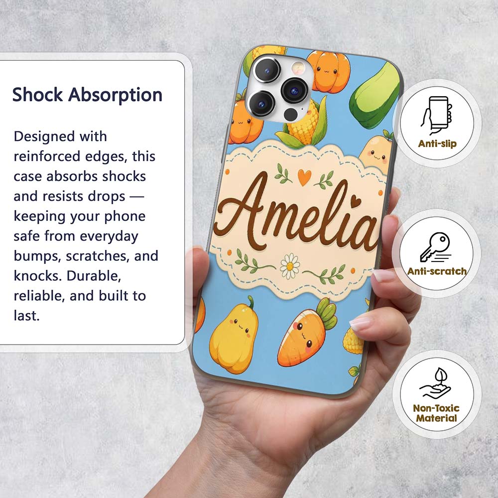 Cute Kawaii Autumn Vegetables Corn Pumpkin Carrot Custom Name Protective Phone Case Mobile Cover Durable Everyday Smartphone Shock Resistant