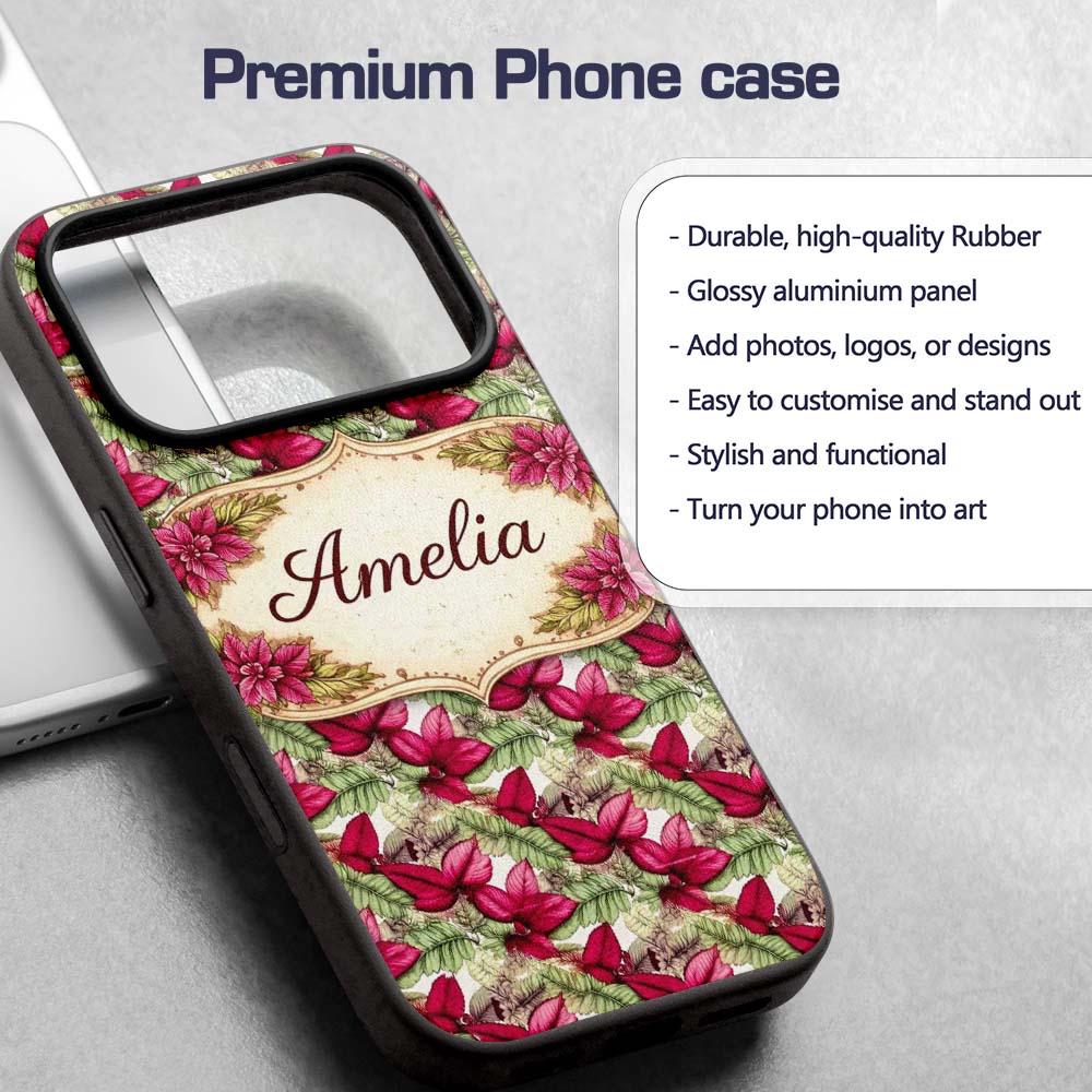 Bold Red Green Tropical Leaves Seamless Pattern Custom Name Protective Phone Case Mobile Cover Durable Everyday Smartphone Shock Resistant