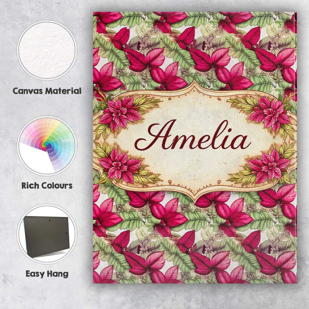 Personalised Name Bold Red Green Tropical Leaves Seamless Pattern Custom Bespoke Canvas Wall Art Print Decor Picture Ready to Hang