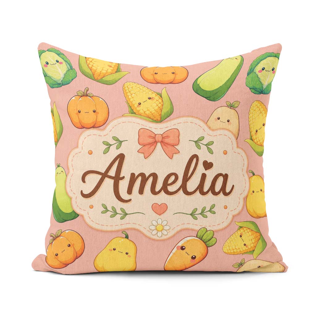 Custom Name Kawaii Autumn Vegetables Corn Pumpkin Peach Seamless Square Filled Cushion Throw Pillow Sofa Bed Home Decor Zip Washable UK Made