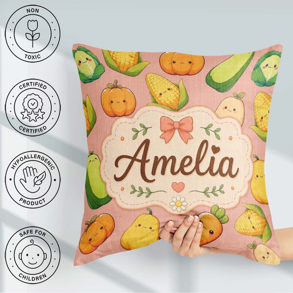 Custom Name Kawaii Autumn Vegetables Corn Pumpkin Peach Seamless Square Filled Cushion Throw Pillow Sofa Bed Home Decor Zip Washable UK Made