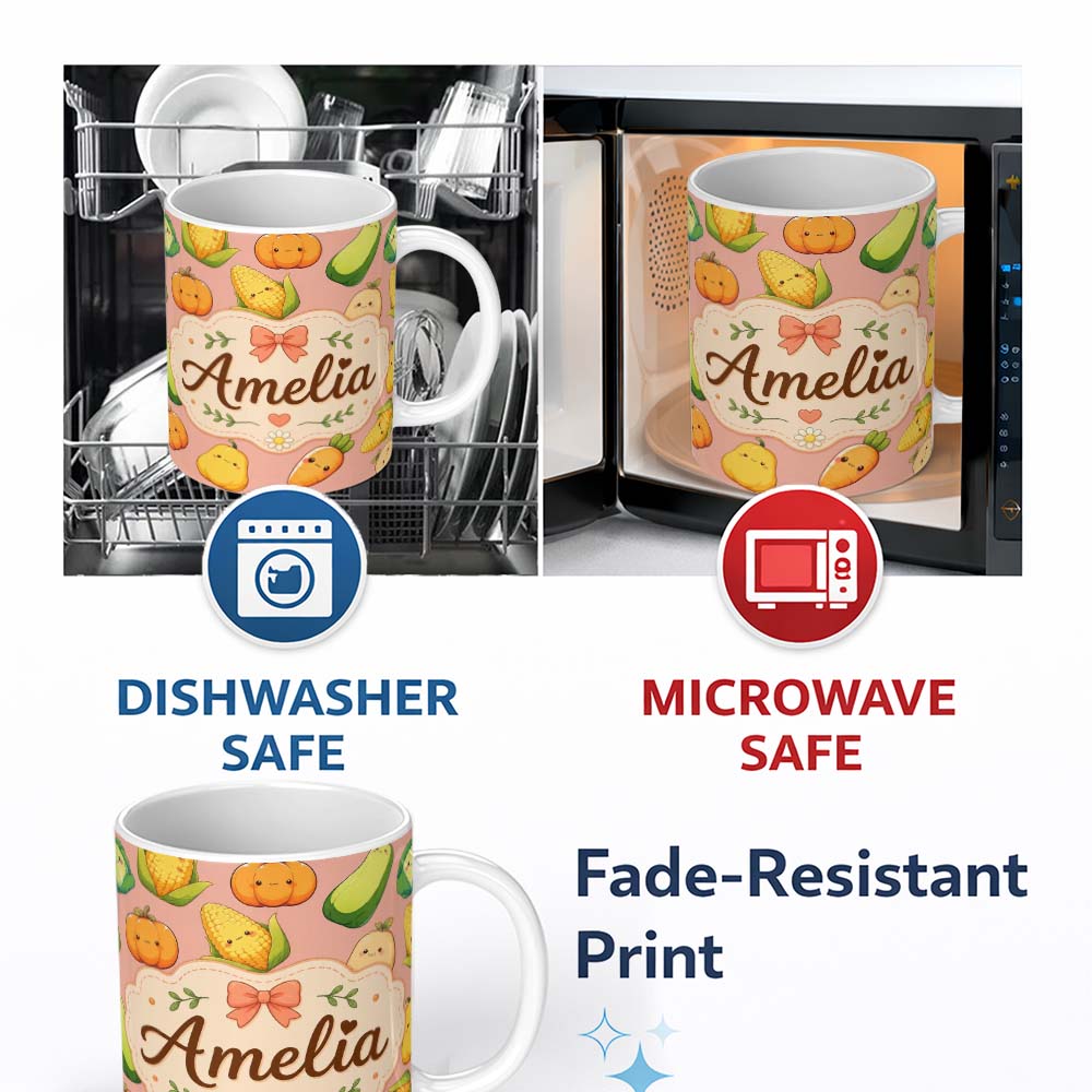 Personalized Custom Name Cute Kawaii Autumn Vegetables Corn Pumpkin Carrot Peach Seamless 11oz Ceramic Coffee Tea Mug White Large Handle