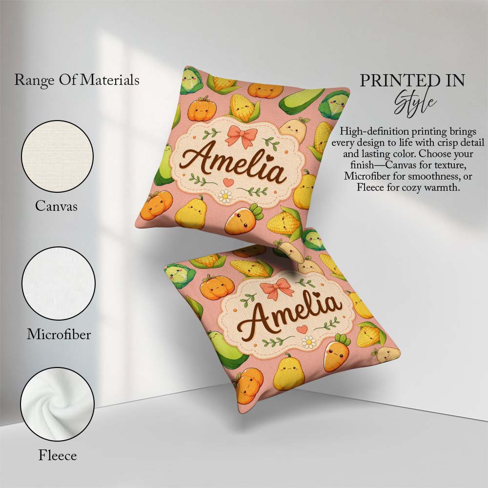 Custom Name Kawaii Autumn Vegetables Corn Pumpkin Peach Seamless Square Filled Cushion Throw Pillow Sofa Bed Home Decor Zip Washable UK Made