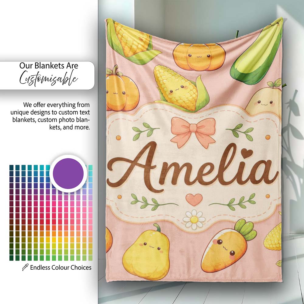 Cute Kawaii Autumn Vegetables Corn Pumpkin Carrot Peach Seamless Personalised Custom Name Super Soft Fleece Blanket Bed Sofa Throw
