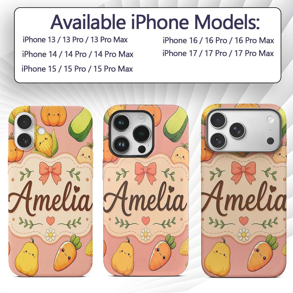 Cute Kawaii Autumn Vegetables Corn Pumpkin Carrot Custom Name Protective Phone Case Mobile Cover Durable Everyday Smartphone Shock Resistant