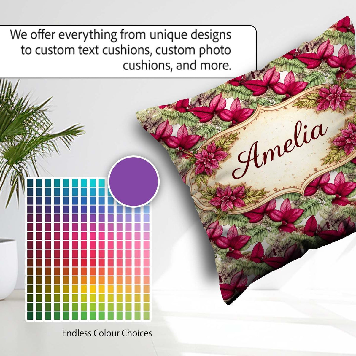 Custom Name Bold Red Green Tropical Leaves Seamless Pattern Cup Square Filled Cushion Throw Pillow Sofa Bed Home Decor Zip Washable UK Made