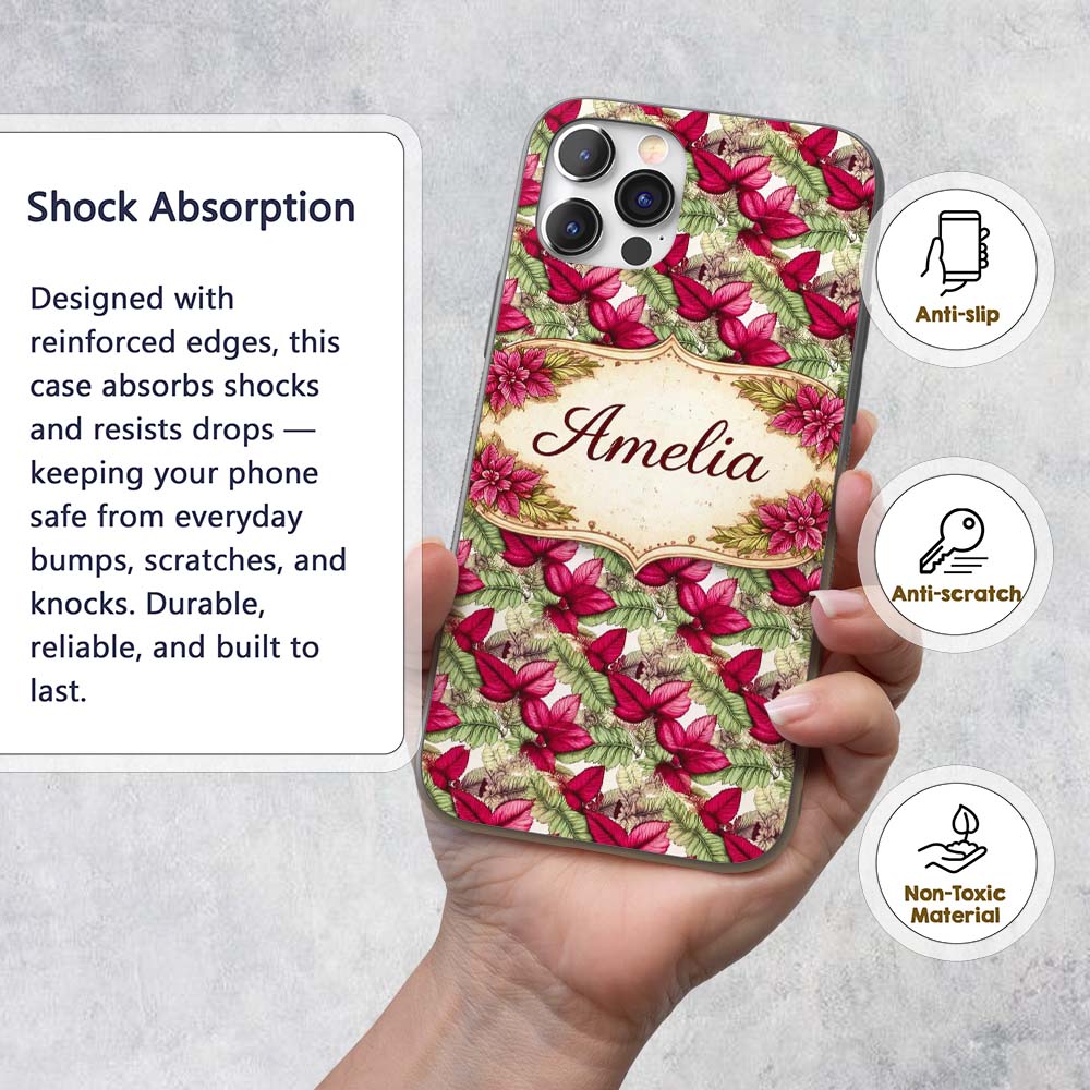 Bold Red Green Tropical Leaves Seamless Pattern Custom Name Protective Phone Case Mobile Cover Durable Everyday Smartphone Shock Resistant