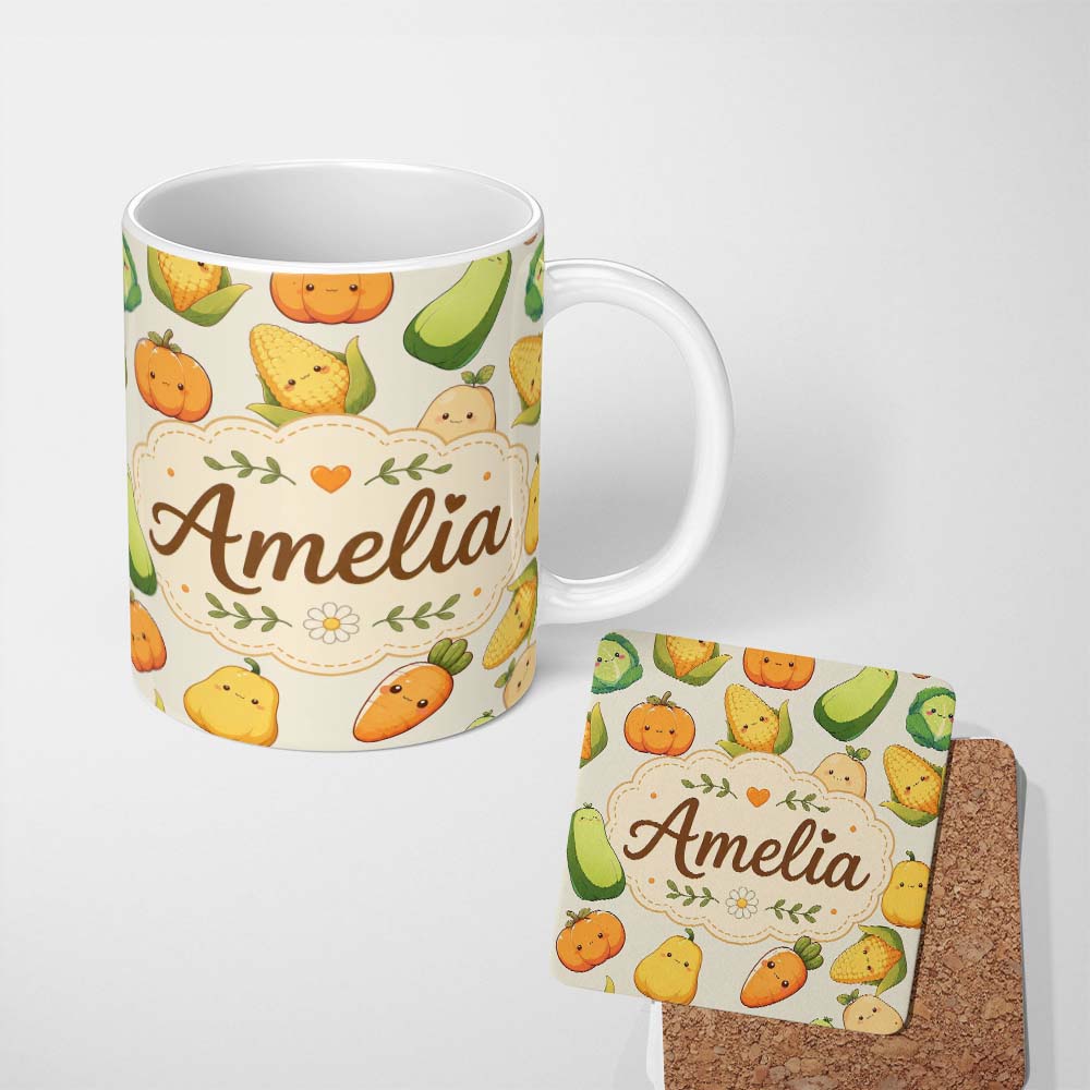 Personalized Custom Name Cute Kawaii Autumn Vegetables Corn Pumpkin Carrot Beige Seamless 11oz Ceramic Coffee Tea Mug White Large Handle
