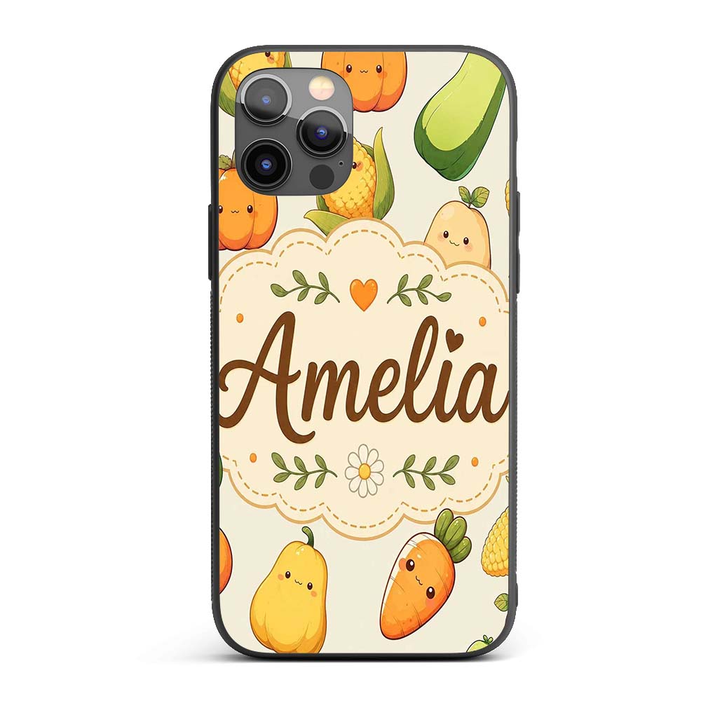 Cute Kawaii Autumn Vegetables Corn Pumpkin Carrot Custom Name Protective Phone Case Mobile Cover Durable Everyday Smartphone Shock Resistant