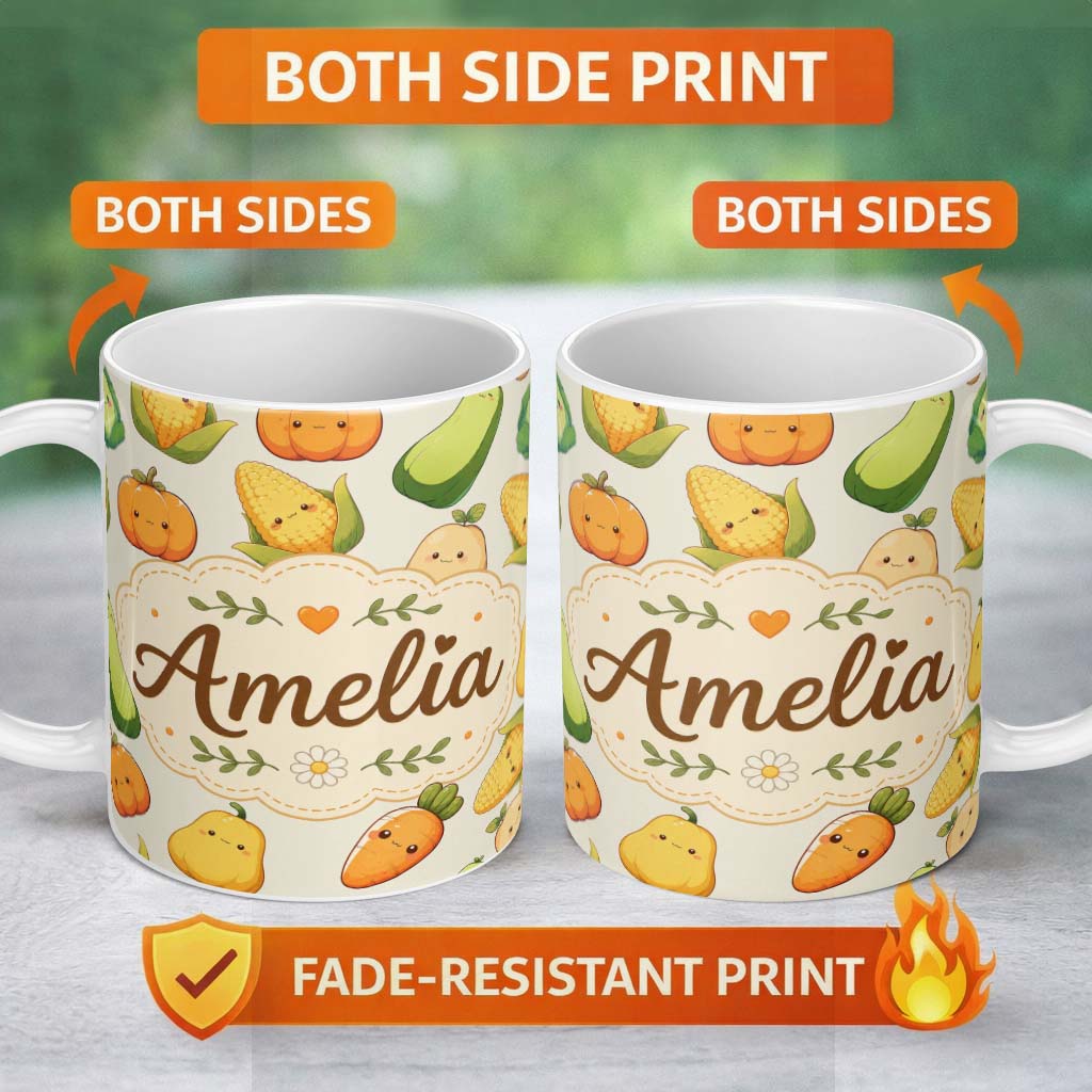 Personalized Custom Name Cute Kawaii Autumn Vegetables Corn Pumpkin Carrot Beige Seamless 11oz Ceramic Coffee Tea Mug White Large Handle