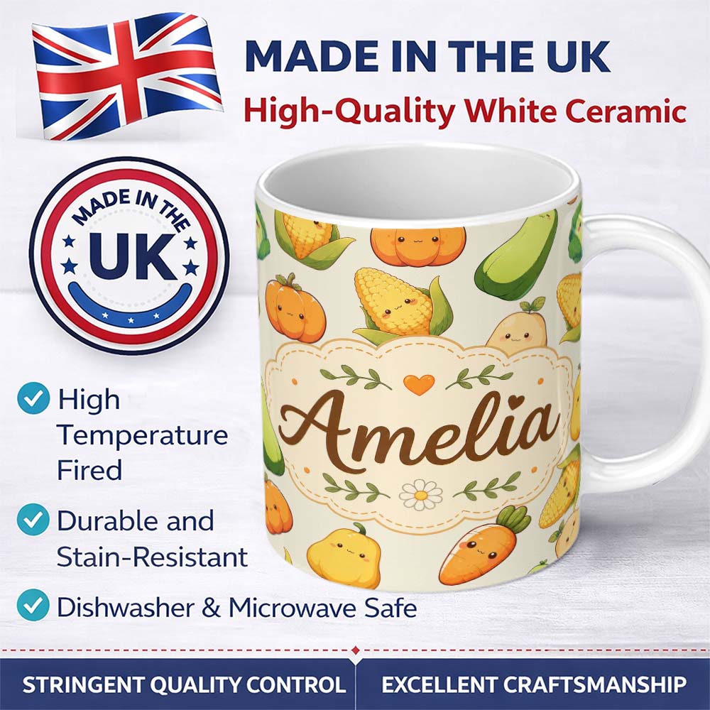 Personalized Custom Name Cute Kawaii Autumn Vegetables Corn Pumpkin Carrot Beige Seamless 11oz Ceramic Coffee Tea Mug White Large Handle