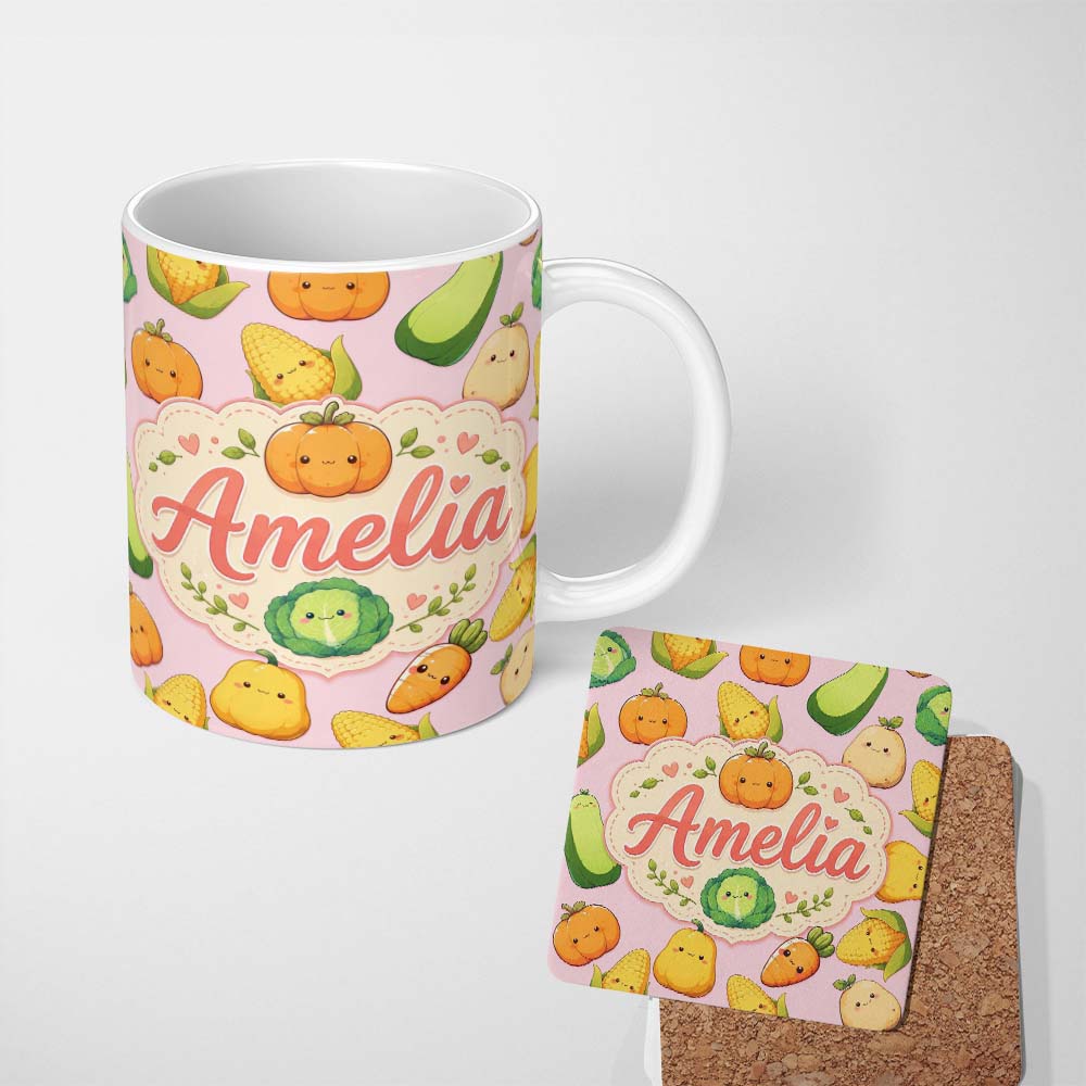 Personalized Custom Name Cute Kawaii Autumn Vegetables Corn Pumpkin Carrot Pink Seamless 11oz Ceramic Coffee Tea Mug White Large Handle
