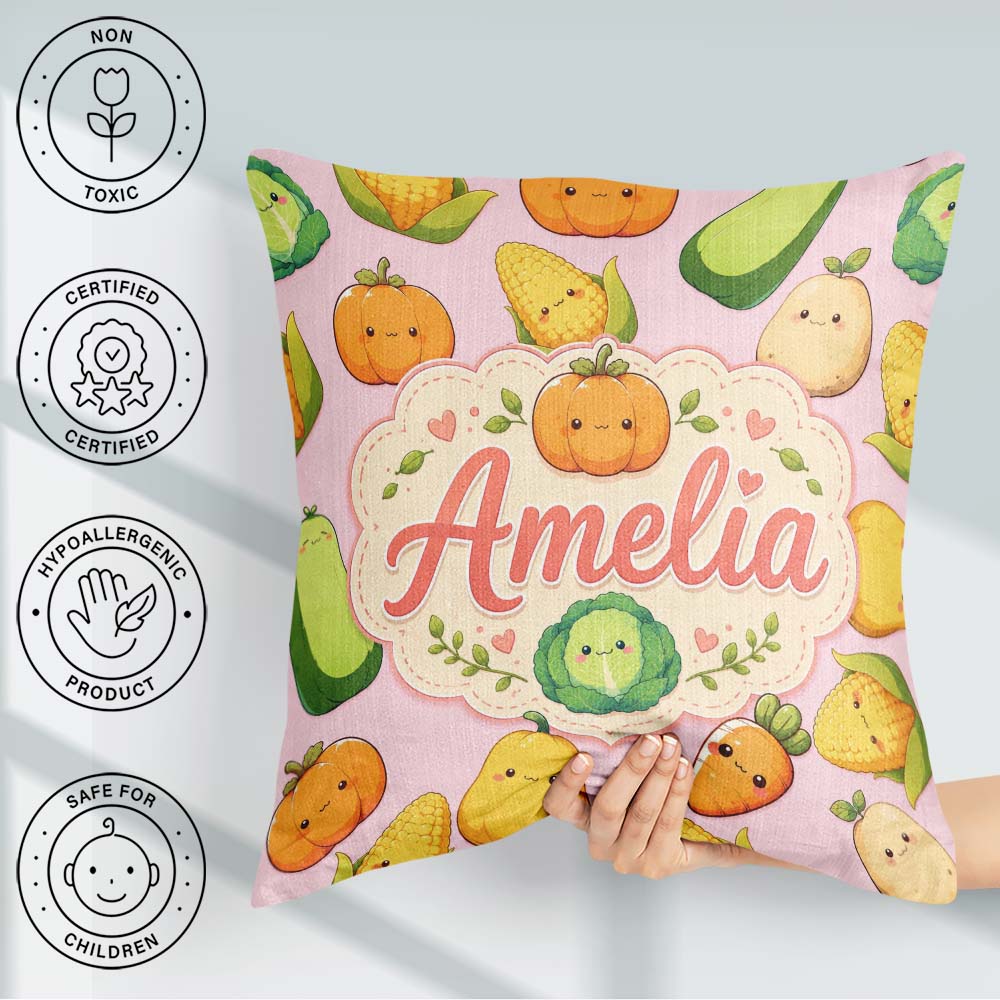 Custom Name Cute Kawaii Autumn Corn Pumpkin Carrot Pink Seamless Square Filled Cushion Throw Pillow Sofa Bed Home Decor Zip Washable UK Made