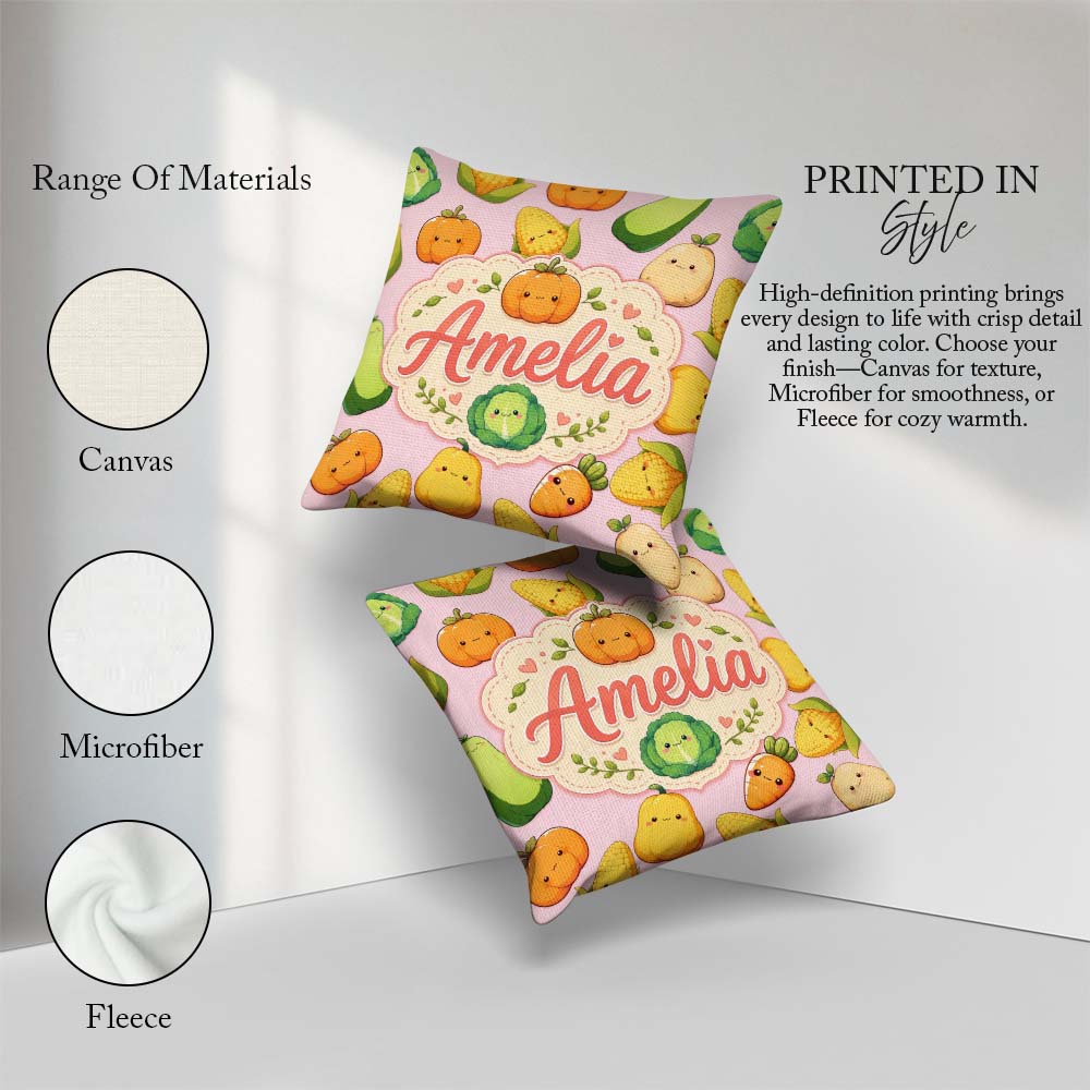 Custom Name Cute Kawaii Autumn Corn Pumpkin Carrot Pink Seamless Square Filled Cushion Throw Pillow Sofa Bed Home Decor Zip Washable UK Made